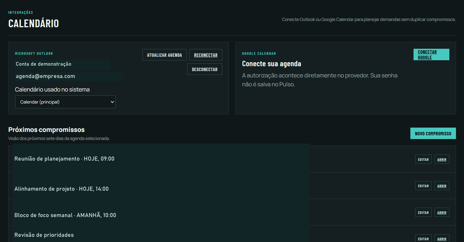 Calendário do Pulso com dados demonstrativos anonimizados